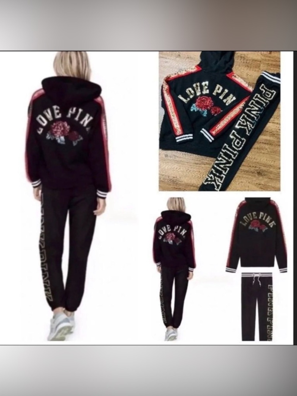 PINK Victoria's Secret Black Hoodie with Red Stripe & Floral Embroidery